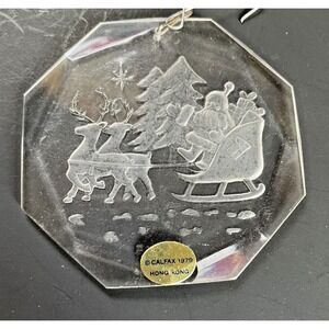 Vintage Calfax Acrylic Christmas Ornament Reindeer‎ Pulling Santa Claus 1979